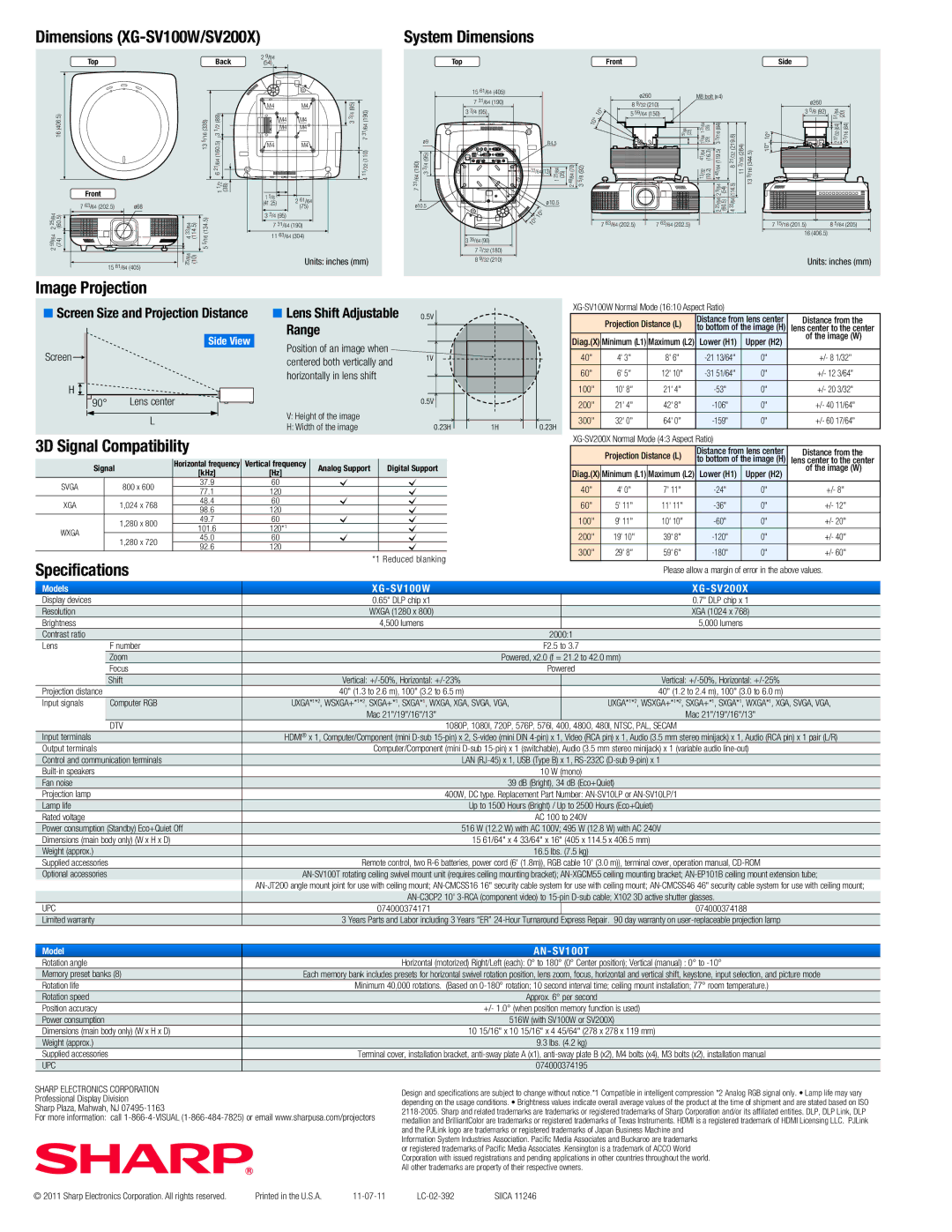 Sharp XGSV100W, XGSV200X specifications Dimensions XG-SV100W/SV200X 