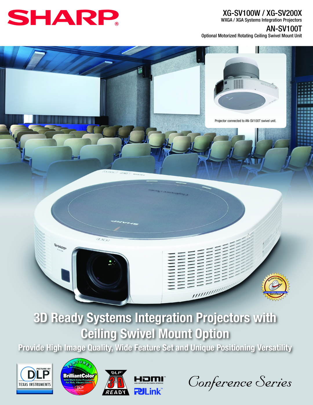 Sharp XGSV200X specifications 3D Ready Systems Integration Projectors with, Ceiling Swivel Mount Option, AN-SV100T 