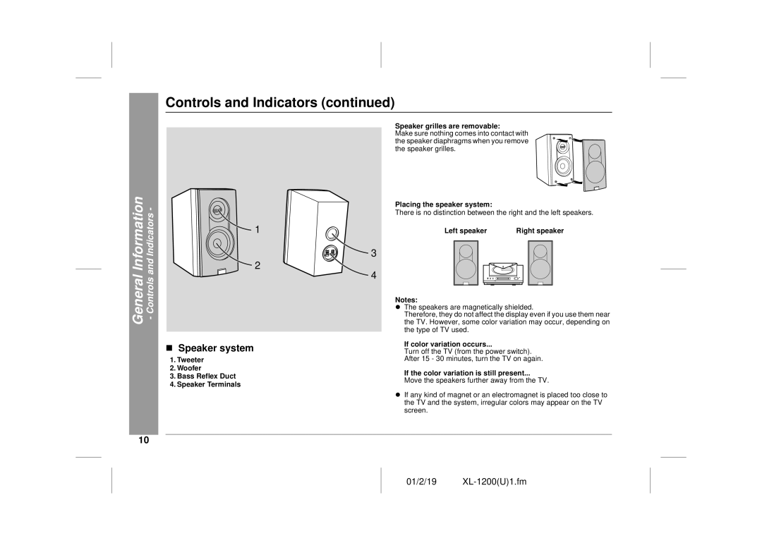 Sharp XL-1200 operation manual „ Speaker system, Placing the speaker system, If color variation occurs 