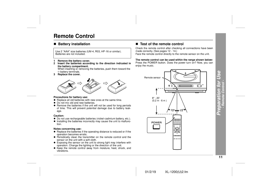 Sharp XL-1200 operation manual „ Battery installation, „ Test of the remote control, Preparation for Use Remote Control 