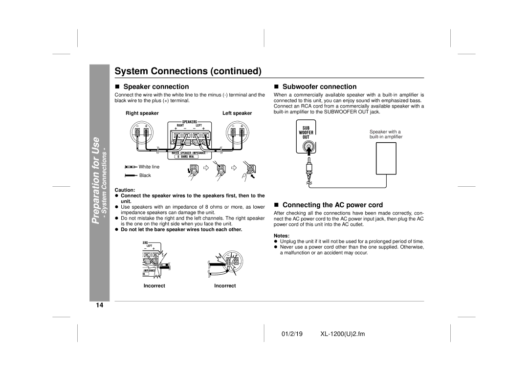 Sharp XL-1200 operation manual „ Speaker connection, „ Subwoofer connection, „ Connecting the AC power cord 