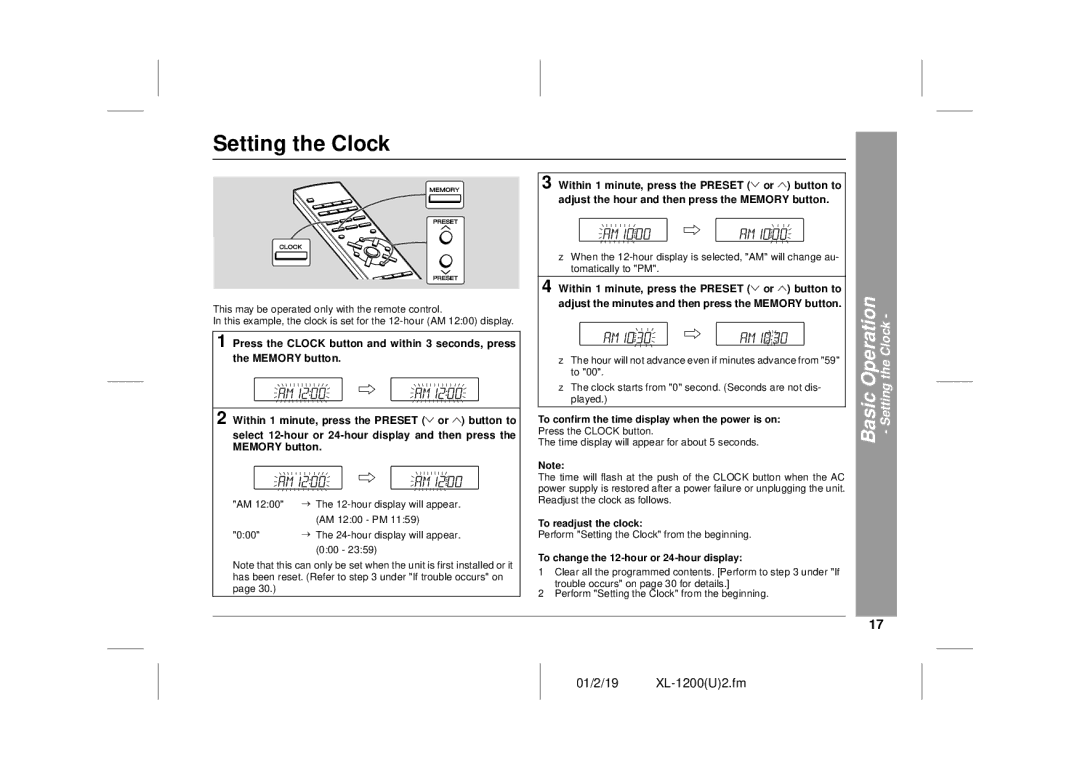 Sharp XL-1200 operation manual Basic Operation Setting the Clock, To confirm the time display when the power is on 