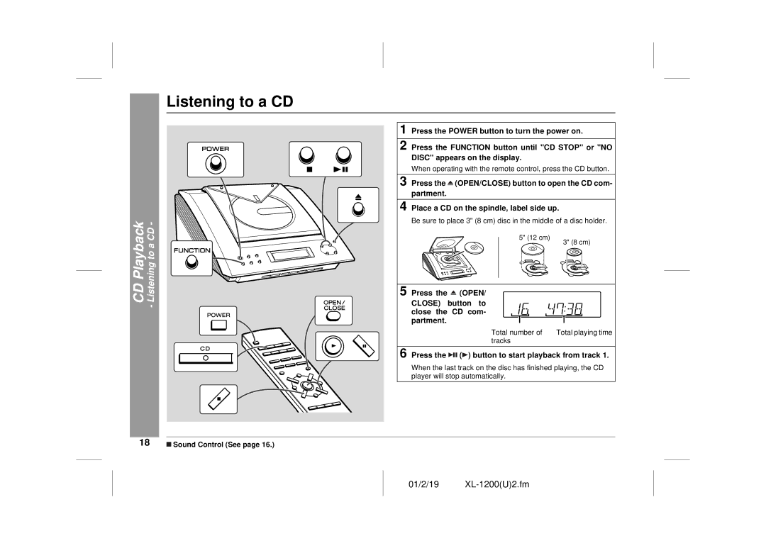 Sharp XL-1200 operation manual Listening to a CD, Press the button to start playback from track 