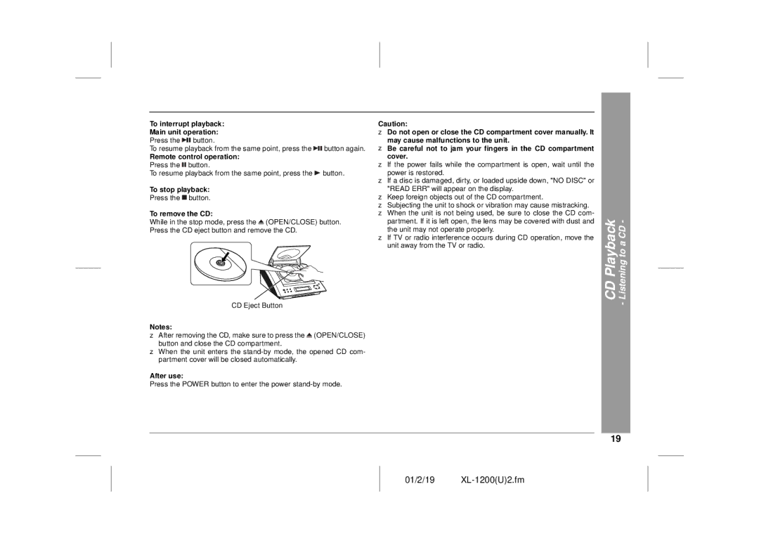 Sharp XL-1200 CD Playback Listening to a CD, To interrupt playback Main unit operation, To stop playback, To remove the CD 