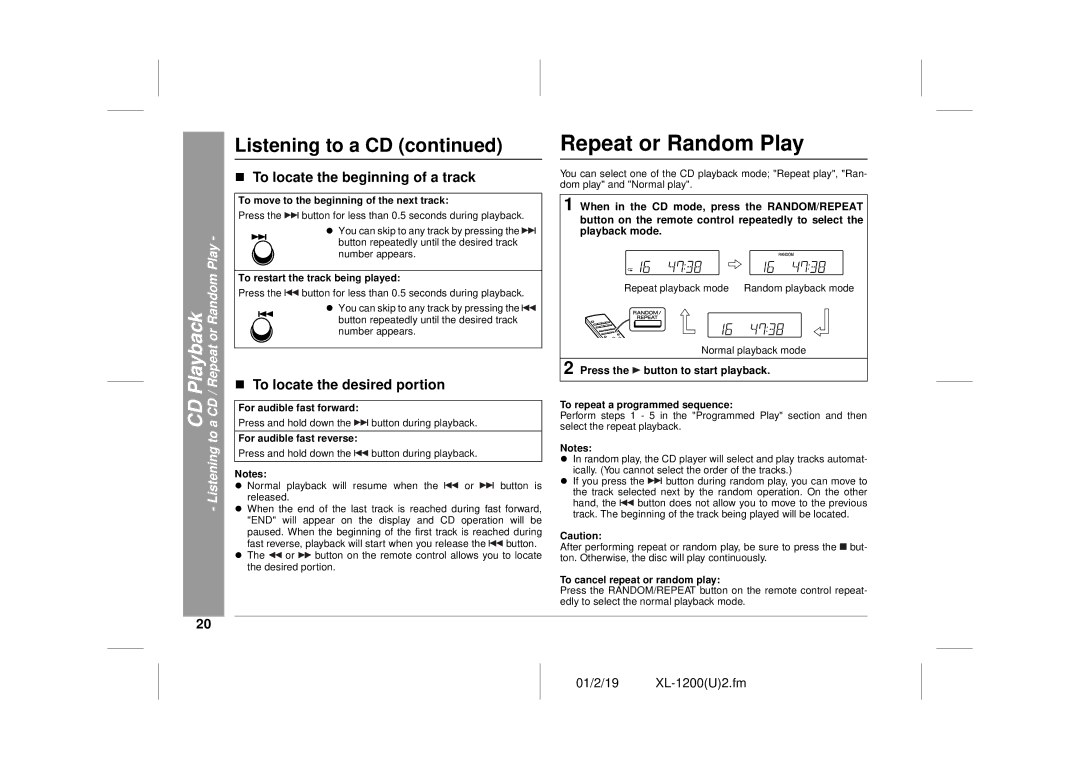 Sharp XL-1200 Repeat or Random Play, „ To locate the beginning of a track, „ To locate the desired portion, Listening to 