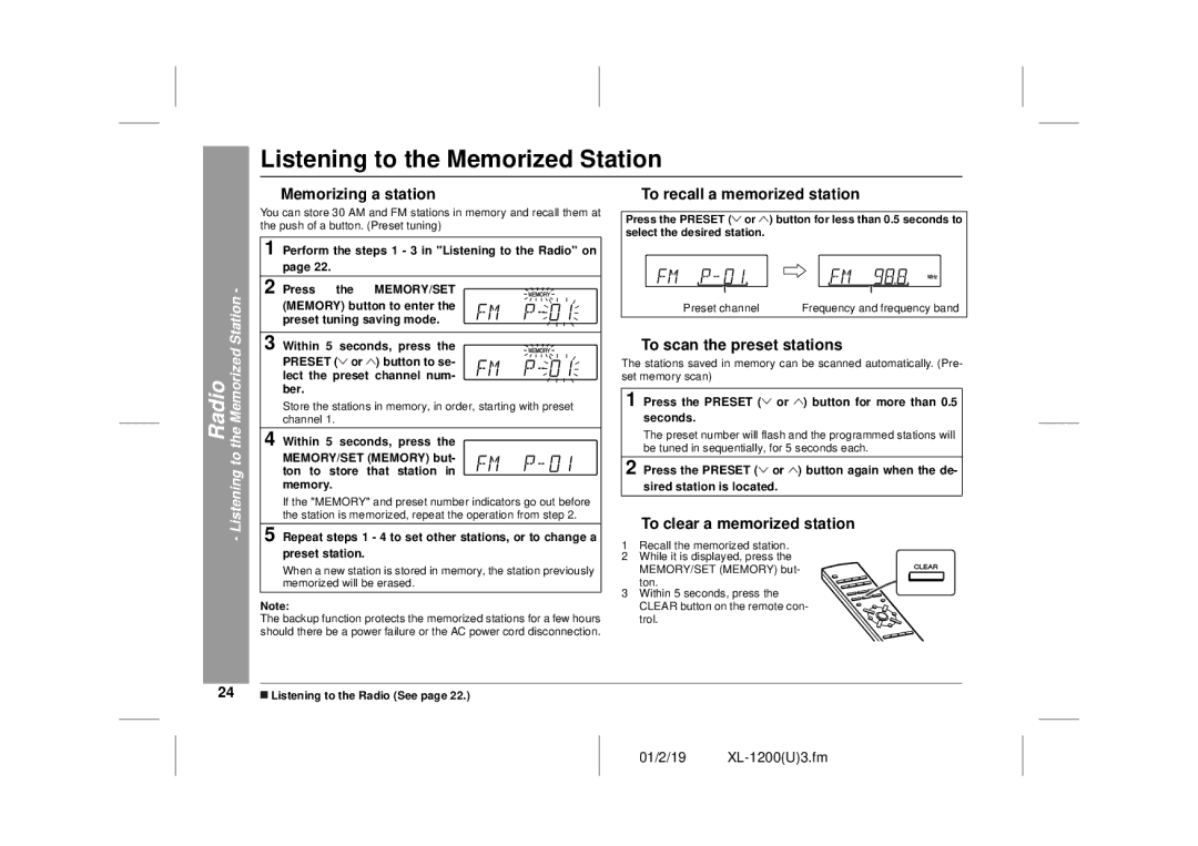 Sharp XL-1200 operation manual Listening to the Memorized Station, „ Memorizing a station „ To recall a memorized station 