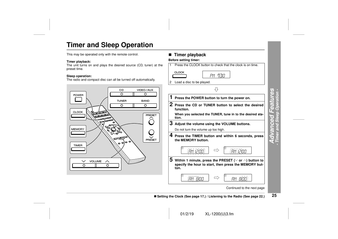 Sharp XL-1200 operation manual „ Timer playback, Advanced Features Timer and Sleep Operation 