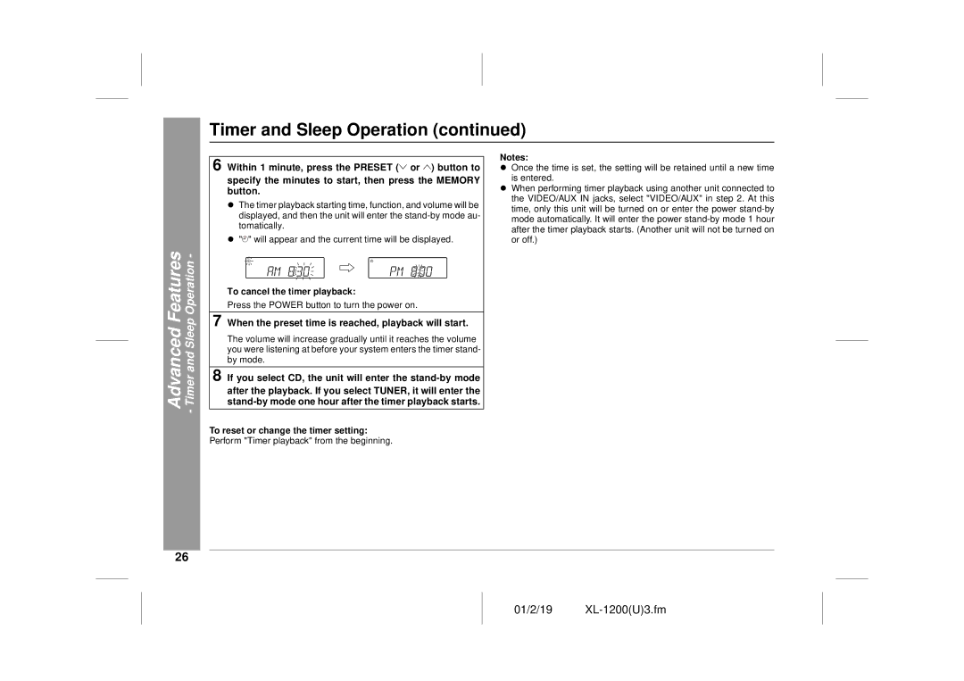 Sharp XL-1200 operation manual To cancel the timer playback, When the preset time is reached, playback will start 