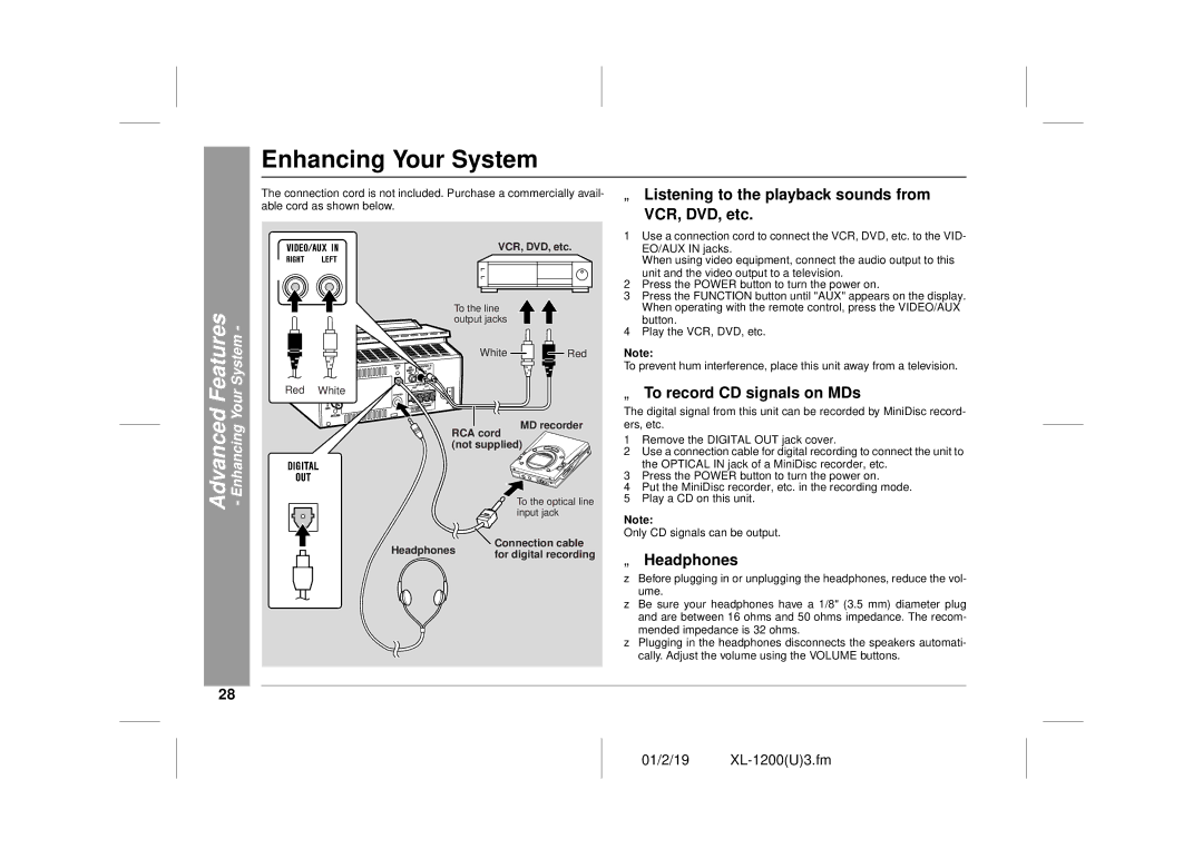 Sharp XL-1200 Enhancing Your System, „ Listening to the playback sounds from VCR, DVD, etc, „ To record CD signals on MDs 