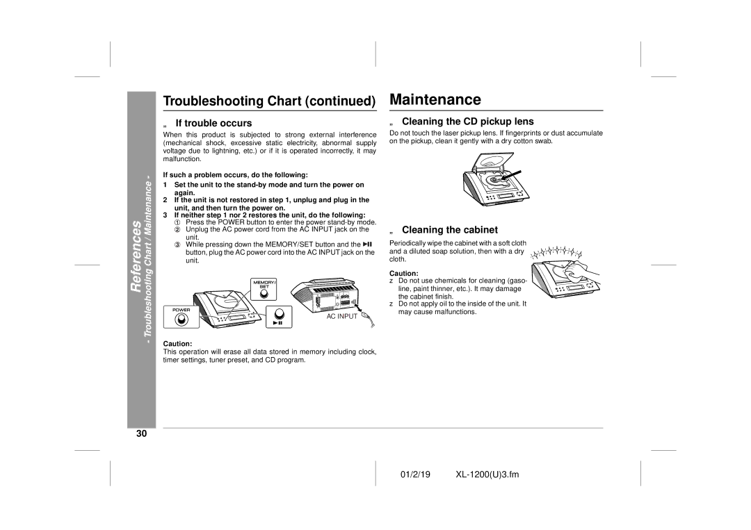 Sharp XL-1200 operation manual Maintenance, „ If trouble occurs, „ Cleaning the CD pickup lens, „ Cleaning the cabinet 