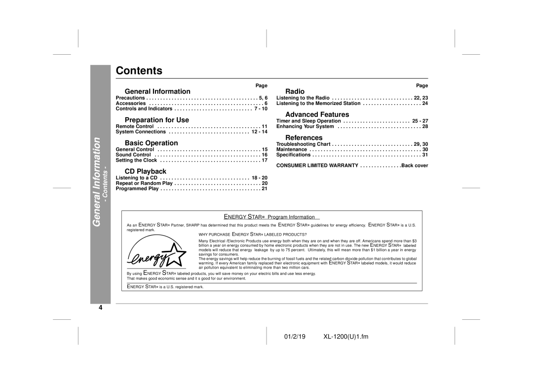 Sharp XL-1200 operation manual Contents 