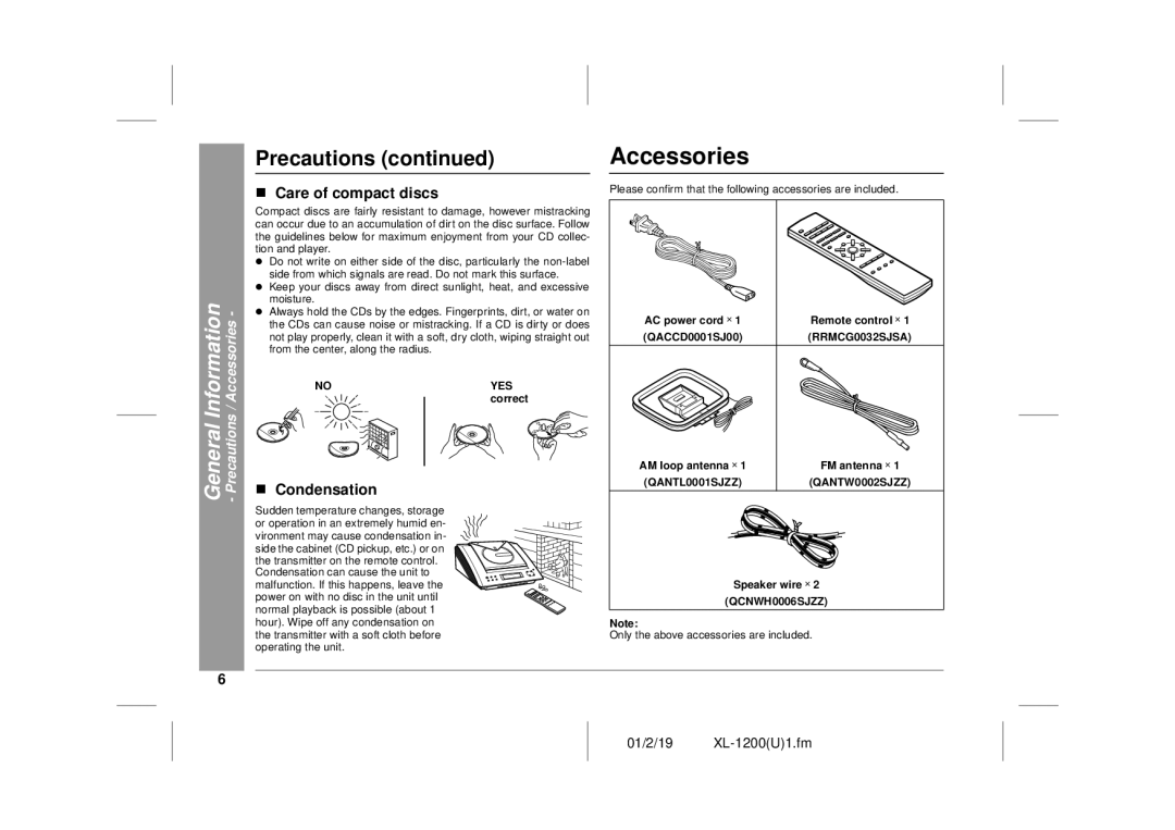 Sharp XL-1200 operation manual „ Care of compact discs, „ Condensation, General Information Precautions / Accessories 