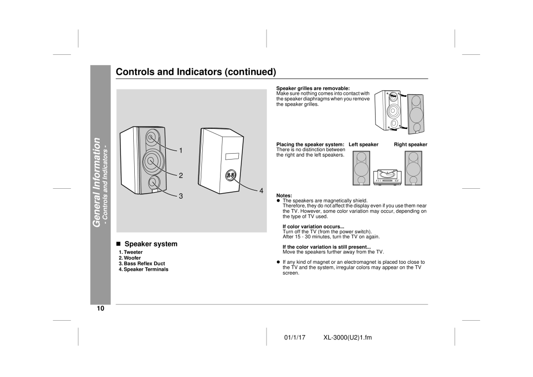 Sharp XL-3000 „ Speaker system, Speaker grilles are removable, There is no distinction between Right and the left speakers 