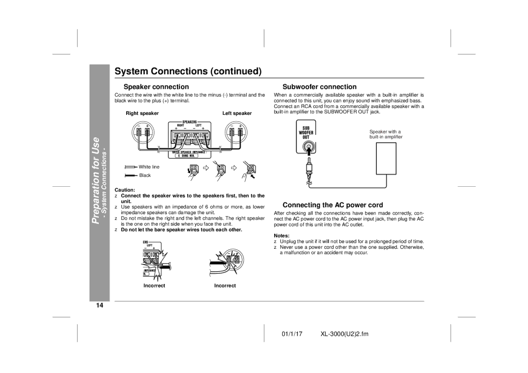 Sharp XL-3000 operation manual „ Speaker connection, „ Subwoofer connection, „ Connecting the AC power cord 