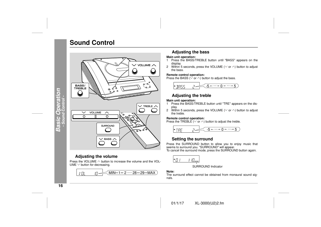 Sharp XL-3000 Sound Control, „ Adjusting the bass, „ Adjusting the treble, „ Setting the surround, „ Adjusting the volume 