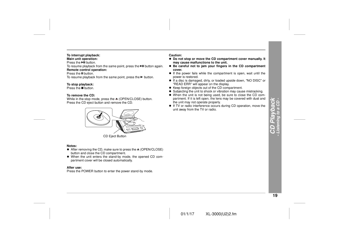 Sharp XL-3000 CD Playback Listening to a CD, To interrupt playback Main unit operation, To stop playback, To remove the CD 