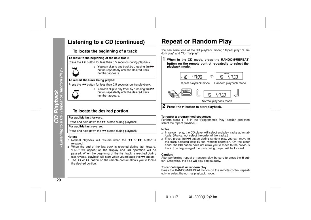 Sharp XL-3000 Repeat or Random Play, „ To locate the beginning of a track, „ To locate the desired portion, Listening to 