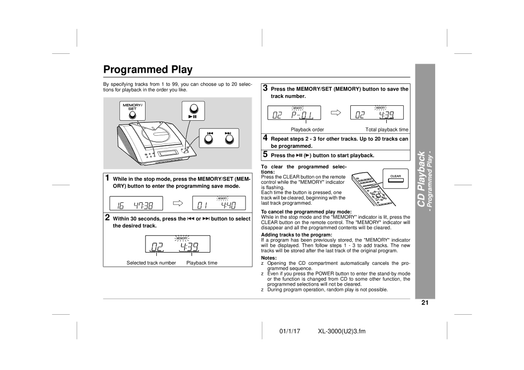 Sharp XL-3000 operation manual CD Playback Programmed Play, Press the MEMORY/SET Memory button to save the track number 