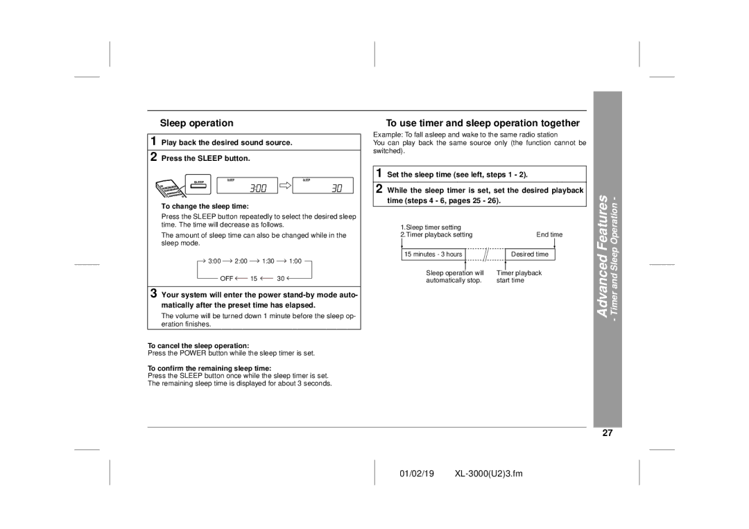 Sharp XL-3000 „ Sleep operation, „ To use timer and sleep operation together, To cancel the sleep operation 