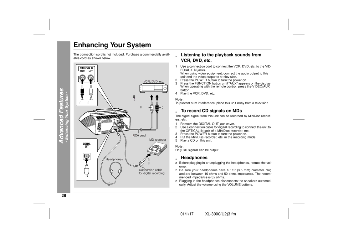 Sharp XL-3000 Enhancing Your System, „ Listening to the playback sounds from VCR, DVD, etc, „ To record CD signals on MDs 