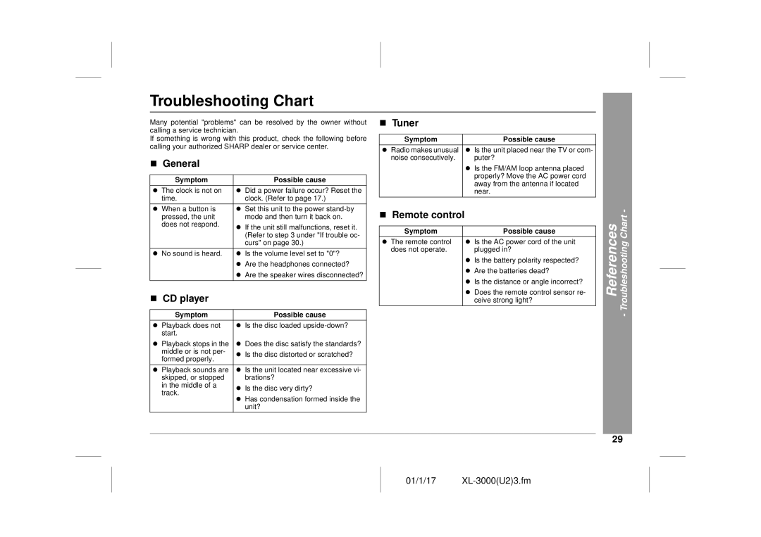 Sharp XL-3000 operation manual Troubleshooting Chart, „ CD player, „ Tuner 