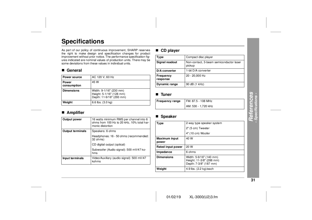 Sharp XL-3000 operation manual Specifications, „ Amplifier, „ Speaker 