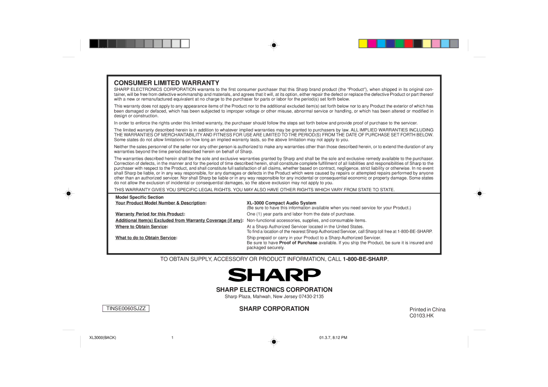 Sharp XL-3000 operation manual Sharp Electronics Corporation 