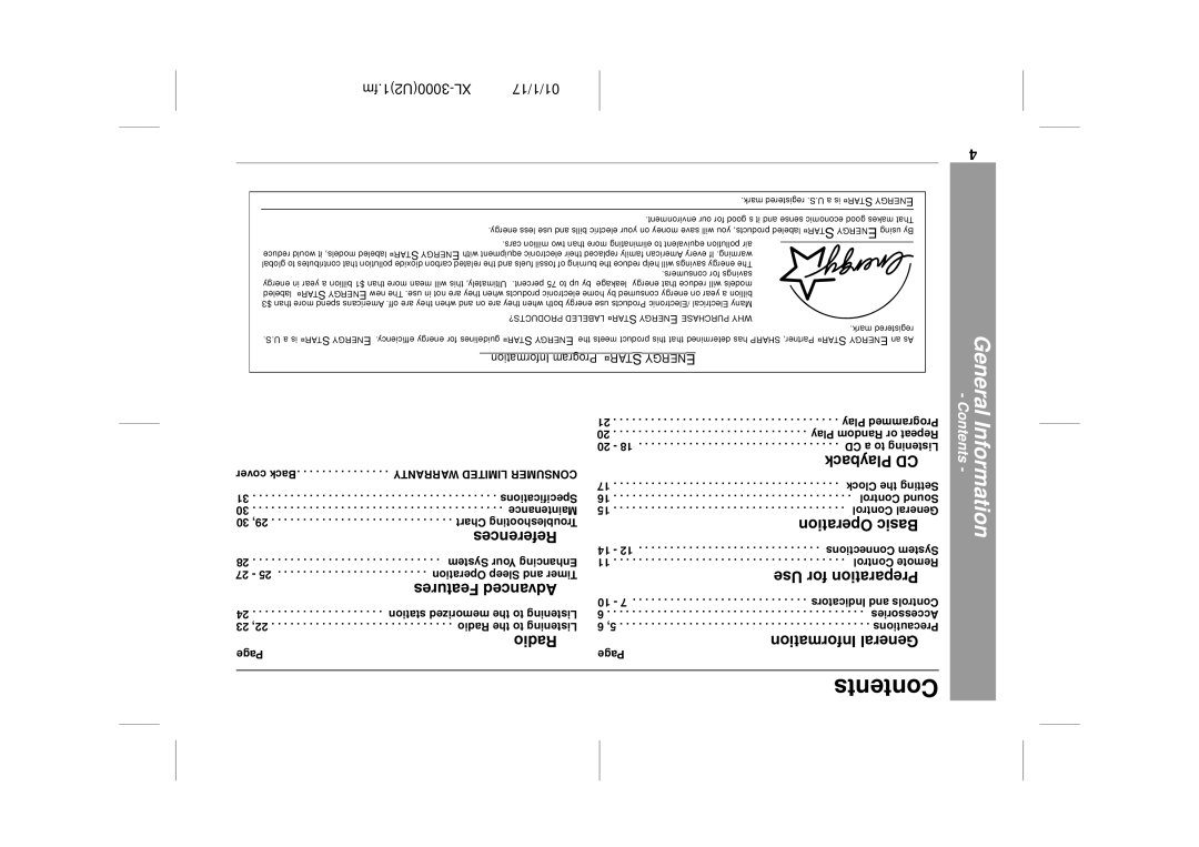 Sharp XL-3000 operation manual Contents 