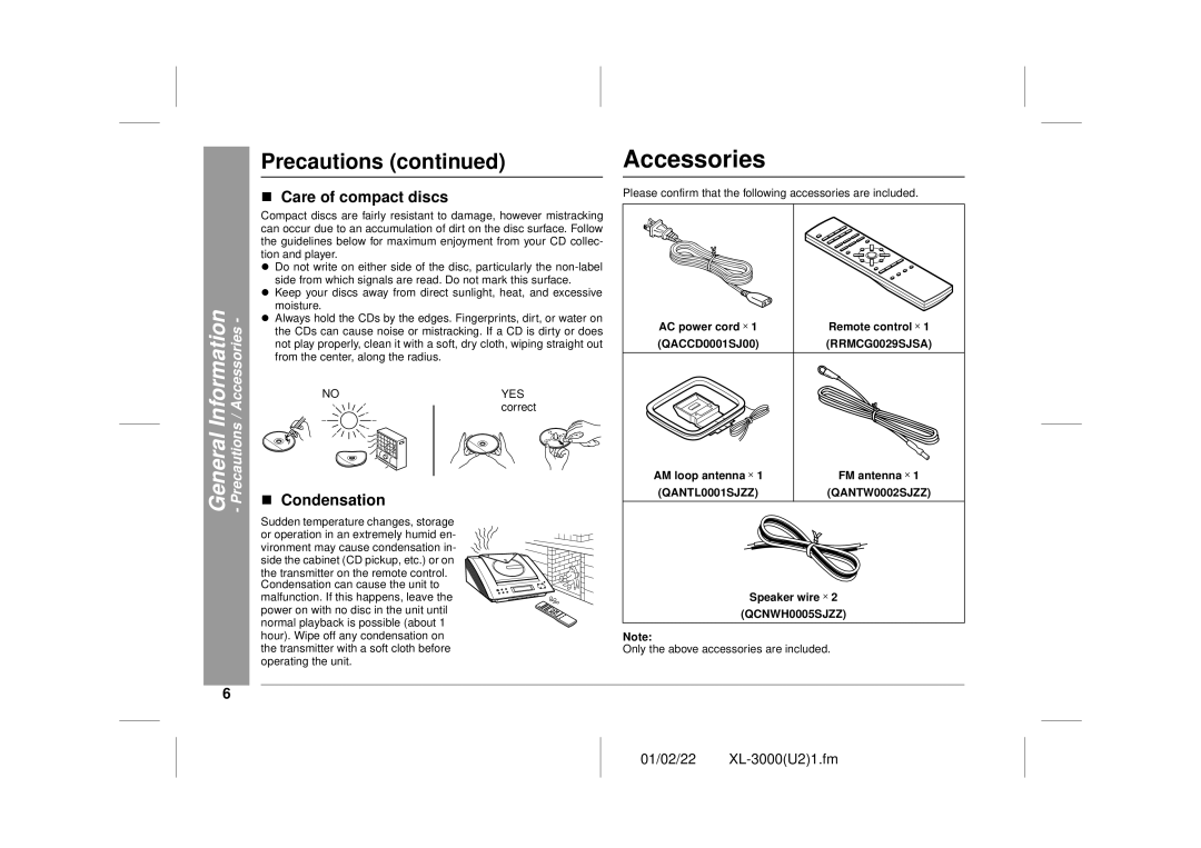 Sharp XL-3000 operation manual „ Care of compact discs, „ Condensation, General Information Precautions / Accessories 