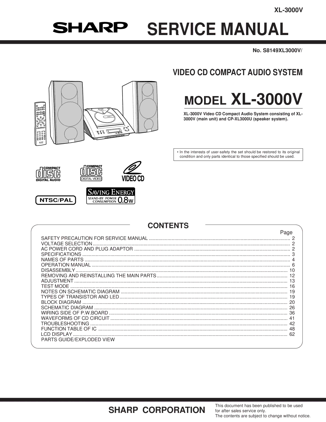 Sharp service manual Model XL-3000V, Contents 