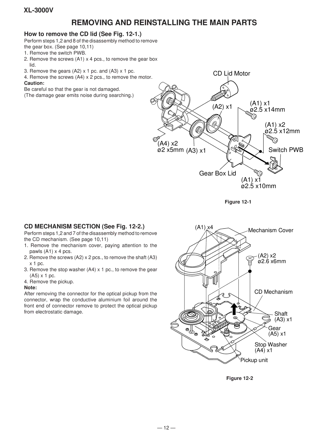 Sharp XL-3000V Removing and Reinstalling the Main Parts, How to remove the CD lid See Fig, CD Mechanism Section See Fig 