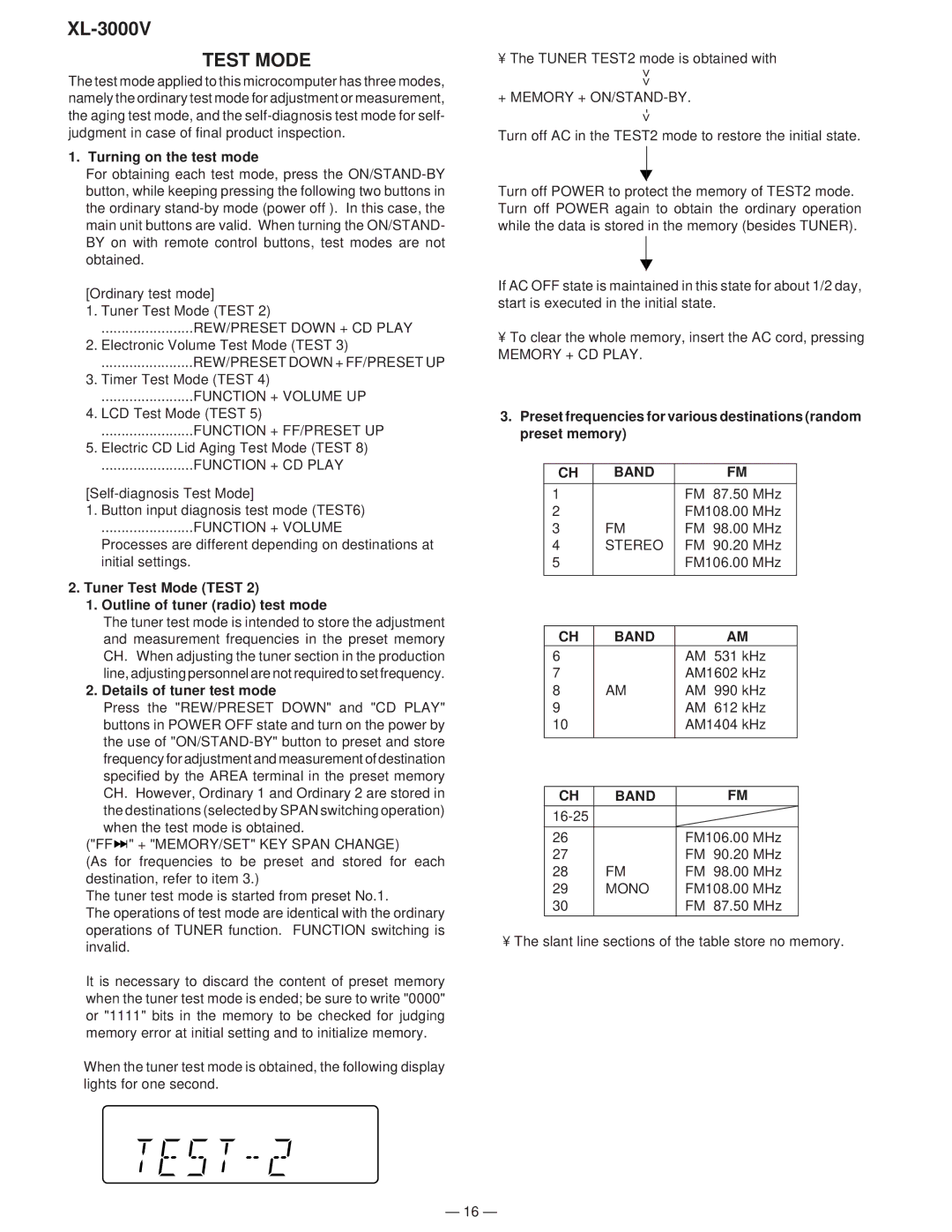 Sharp XL-3000V Turning on the test mode, Tuner Test Mode Test Outline of tuner radio test mode, Details of tuner test mode 