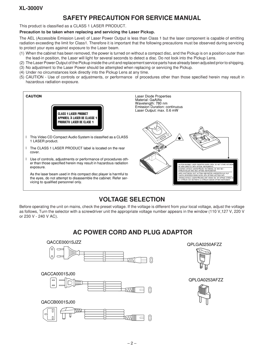 Sharp XL-3000V service manual Voltage Selection, AC Power Cord and Plug Adaptor 