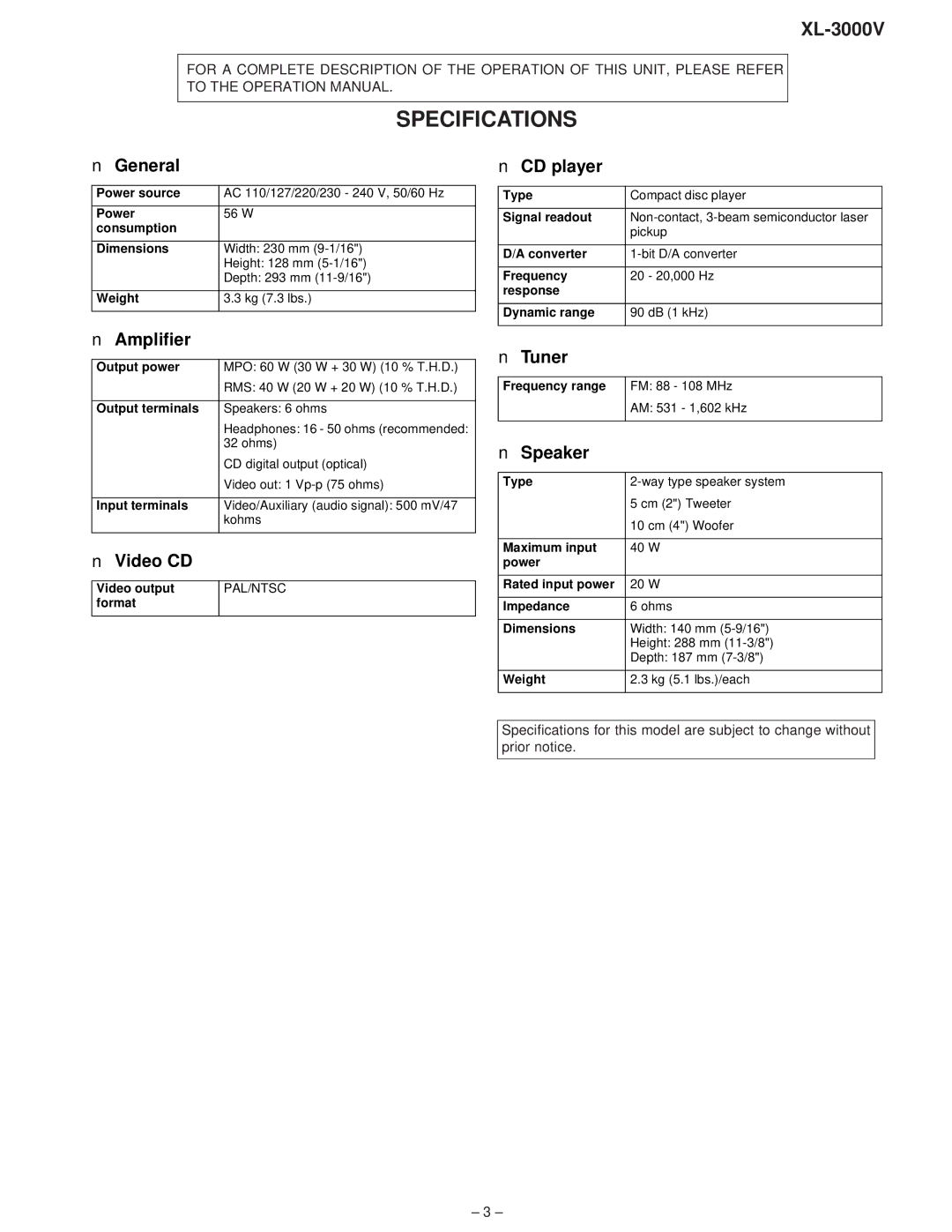 Sharp XL-3000V service manual Specifications 