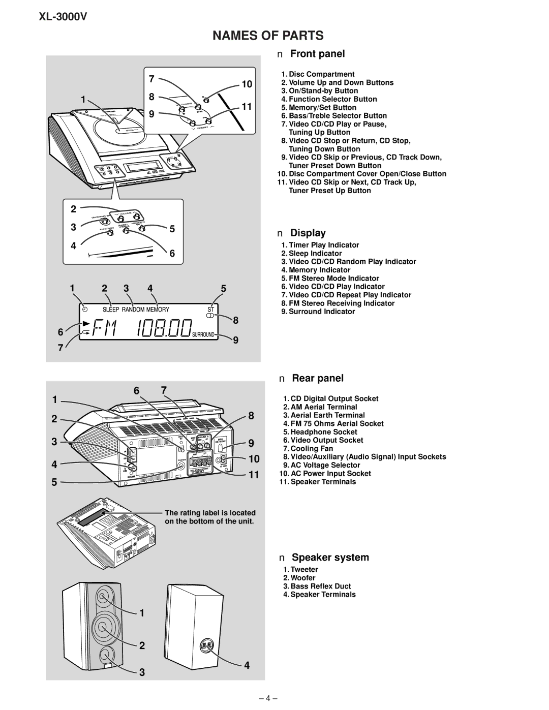 Sharp XL-3000V service manual Names of Parts, Front panel, Display, Rear panel, Speaker system 