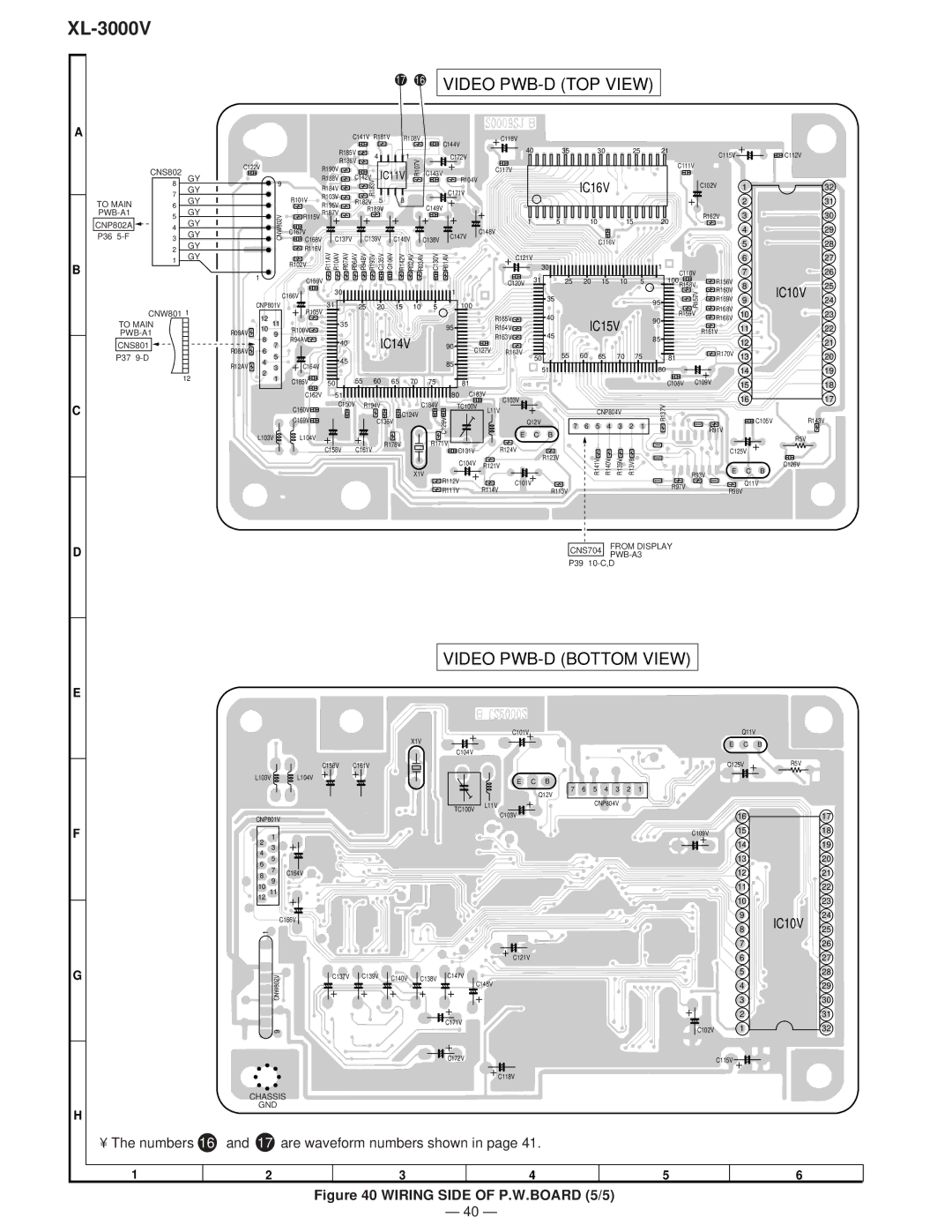 Sharp XL-3000V service manual Video PWB-D TOP View, Video PWB-D Bottom View, IC14V, IC16V, IC11V 