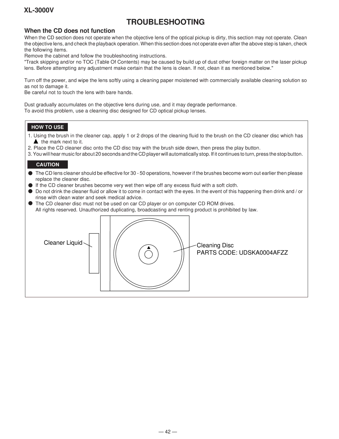 Sharp XL-3000V service manual Troubleshooting, When the CD does not function, Parts Code UDSKA0004AFZZ 