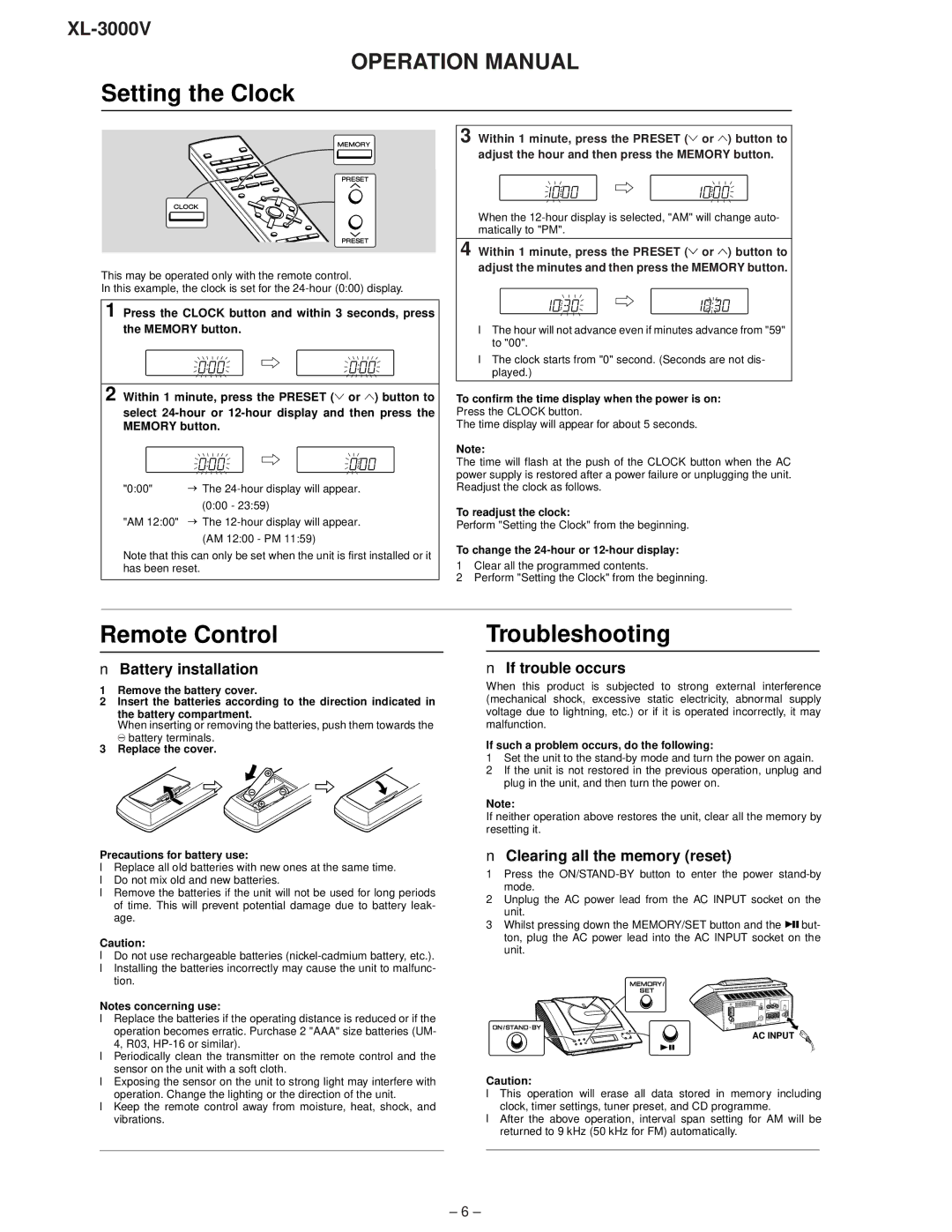 Sharp XL-3000V service manual Setting the Clock 