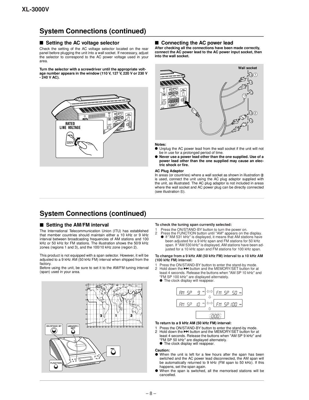 Sharp XL-3000V service manual Setting the AC voltage selector Connecting the AC power lead 