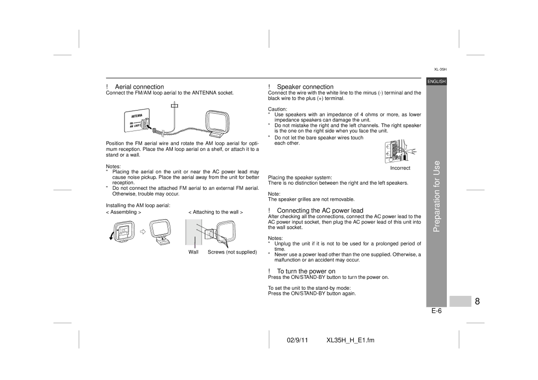 Sharp XL-35H For Use, Aerial connection, Speaker connection, Connecting the AC power lead, To turn the power on 