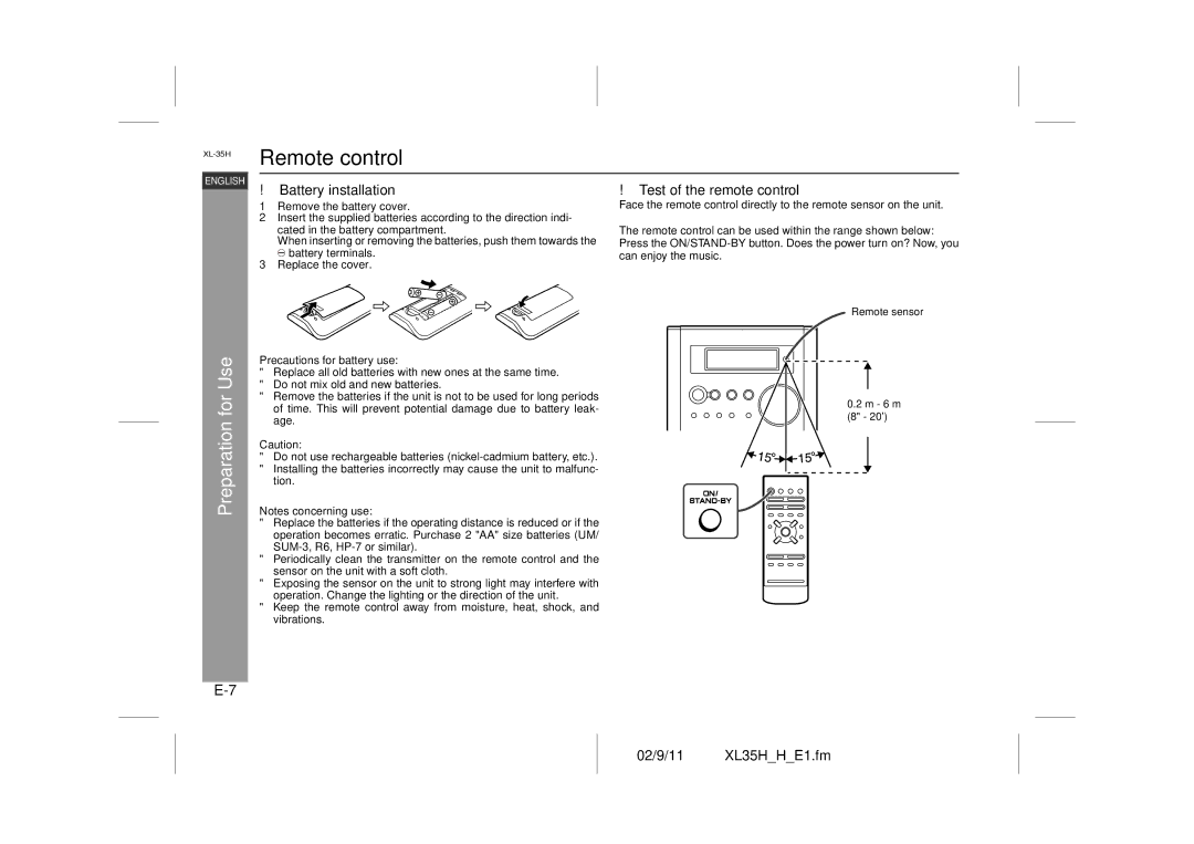 Sharp XL-35H operation manual Remote control, Battery installation, Test of the remote control 