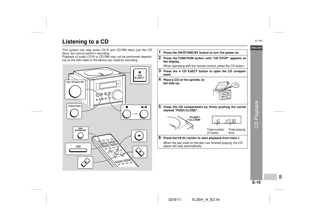 Sharp XL-35H operation manual Listening to a CD, Playback, Press the button to start playback from track 