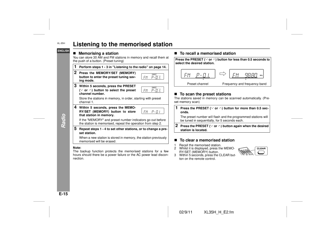 Sharp XL-35H operation manual Listening to the memorised station, Memorising a station, To scan the preset stations 