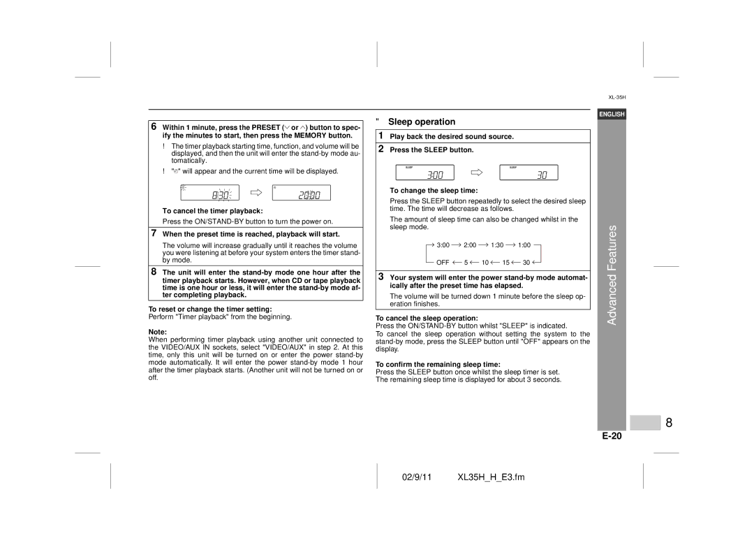 Sharp XL-35H operation manual Features, Sleep operation 