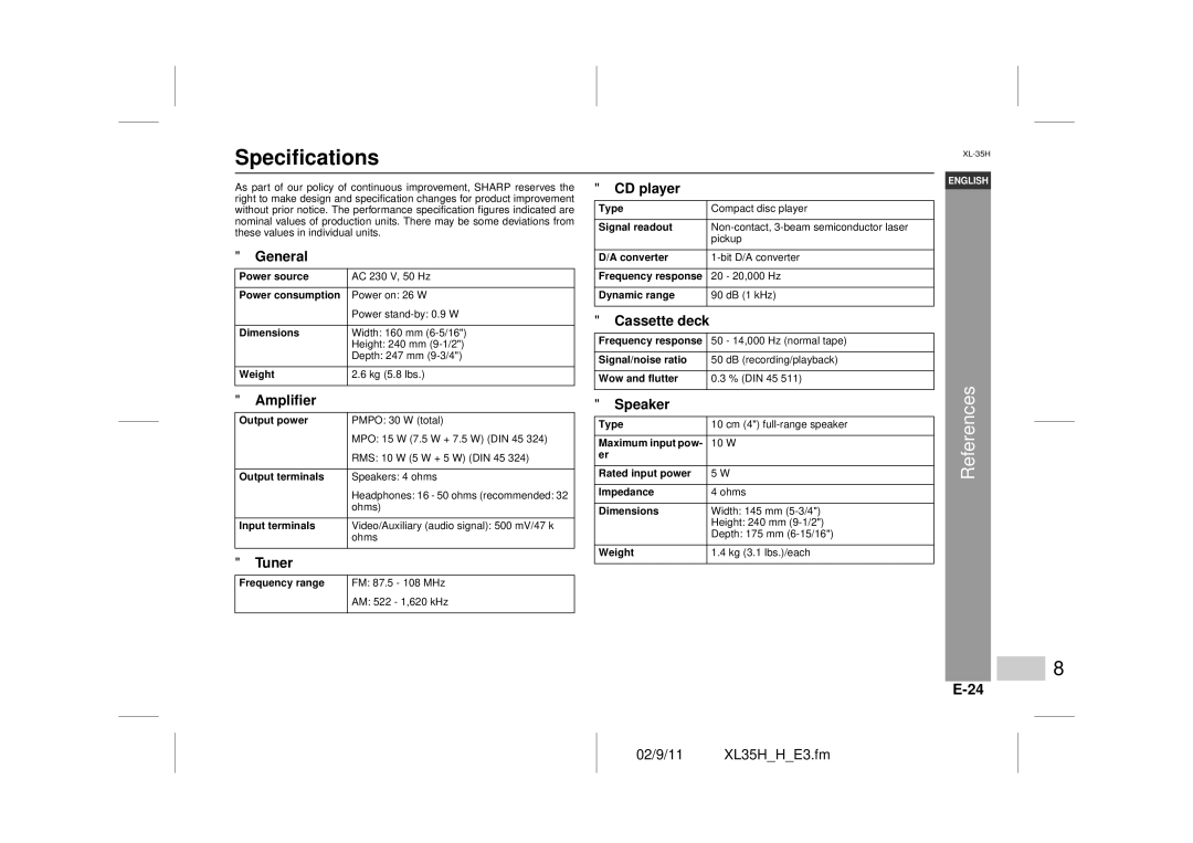 Sharp XL-35H operation manual Specifications, Amplifier, Speaker 