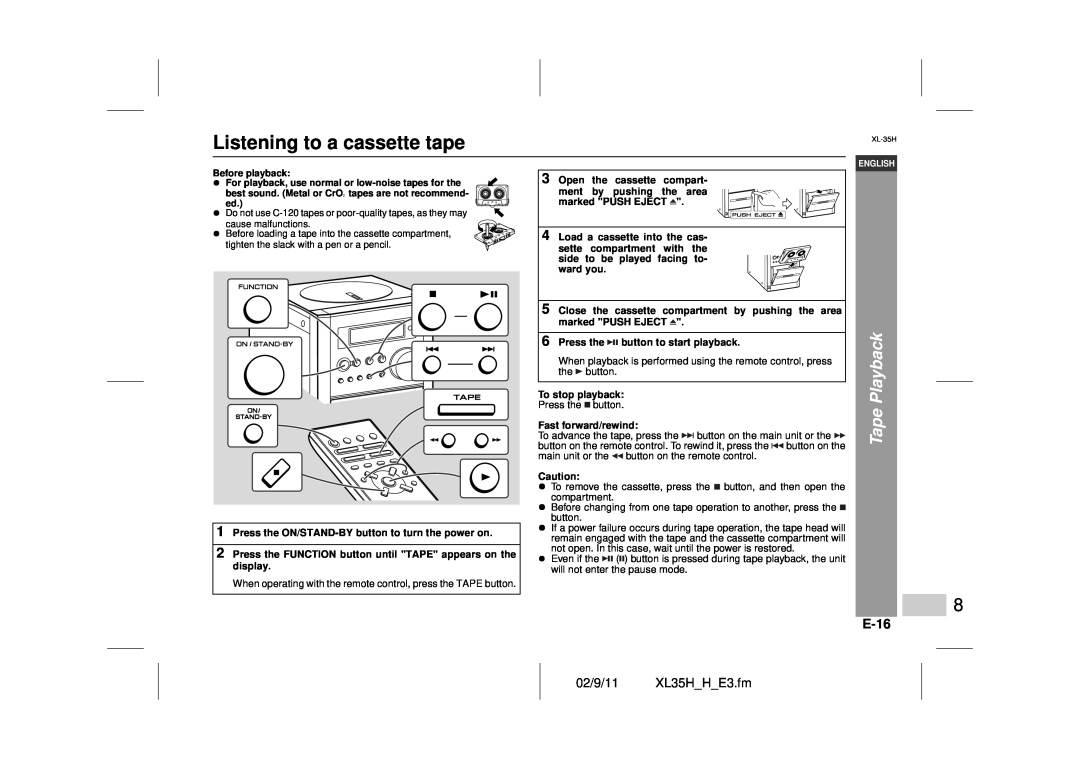 Sharp XL-35H Listening to a cassette tape, E-16, 02/9/11 XL35H H E3.fm, 3Open the cassette compart, Fast forward/rewind 