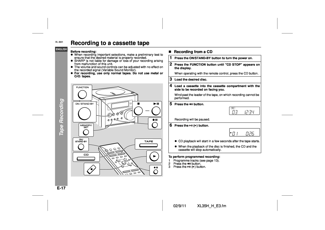 Sharp XL-35H Recording to a cassette tape, Tape Recording, E-17, Recording from a CD, Before recording, 5Press the button 