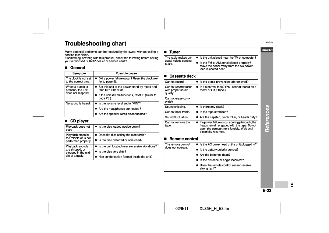 Sharp XL-35H Troubleshooting chart, References, E-22, CD player, Tuner, Cassette deck, Remote control, General, Symptom 