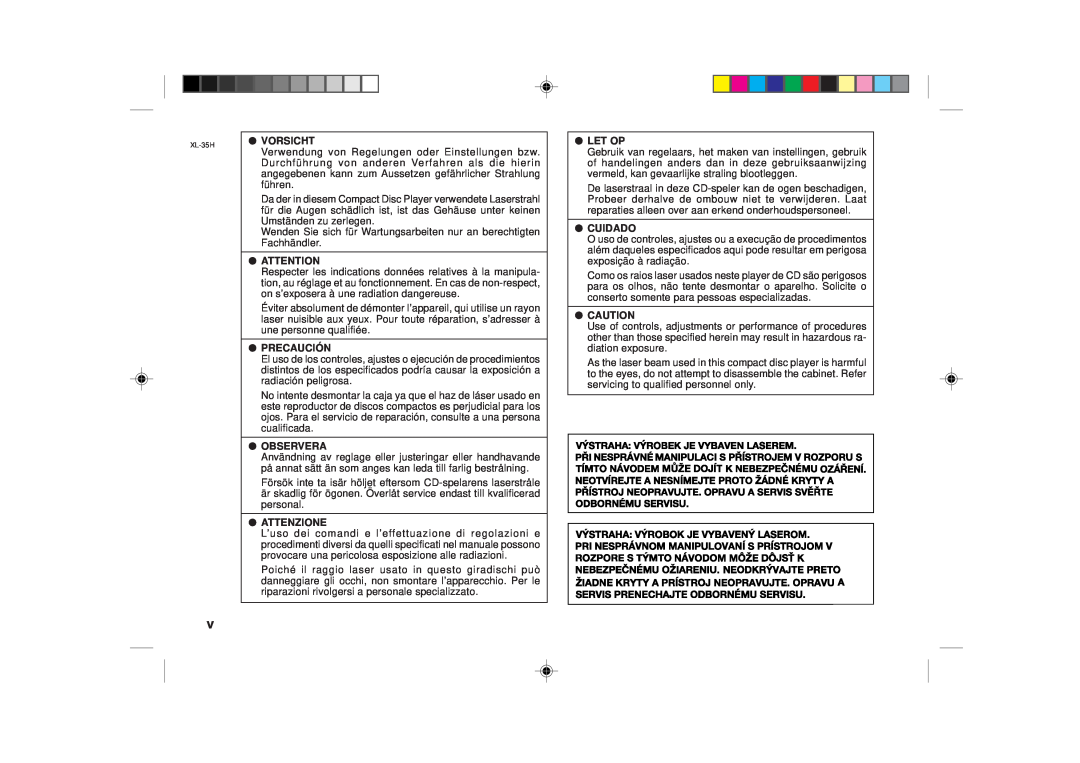Sharp XL-35H operation manual Vorsicht, Precaución, Observera, Attenzione, Let Op, Cuidado, 0203 