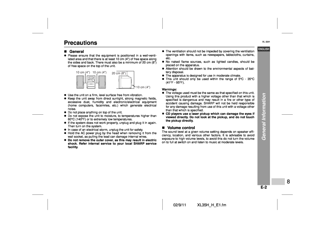 Sharp XL-35H operation manual Precautions, 4 6, Information, General, Volume control, Warnings, 02/9/11 XL35H H E1.fm 